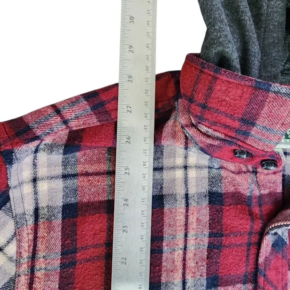 Free Planet Flannel Shirt Jacket with Hood Red Plaid 100% Cotton Mens Size Large